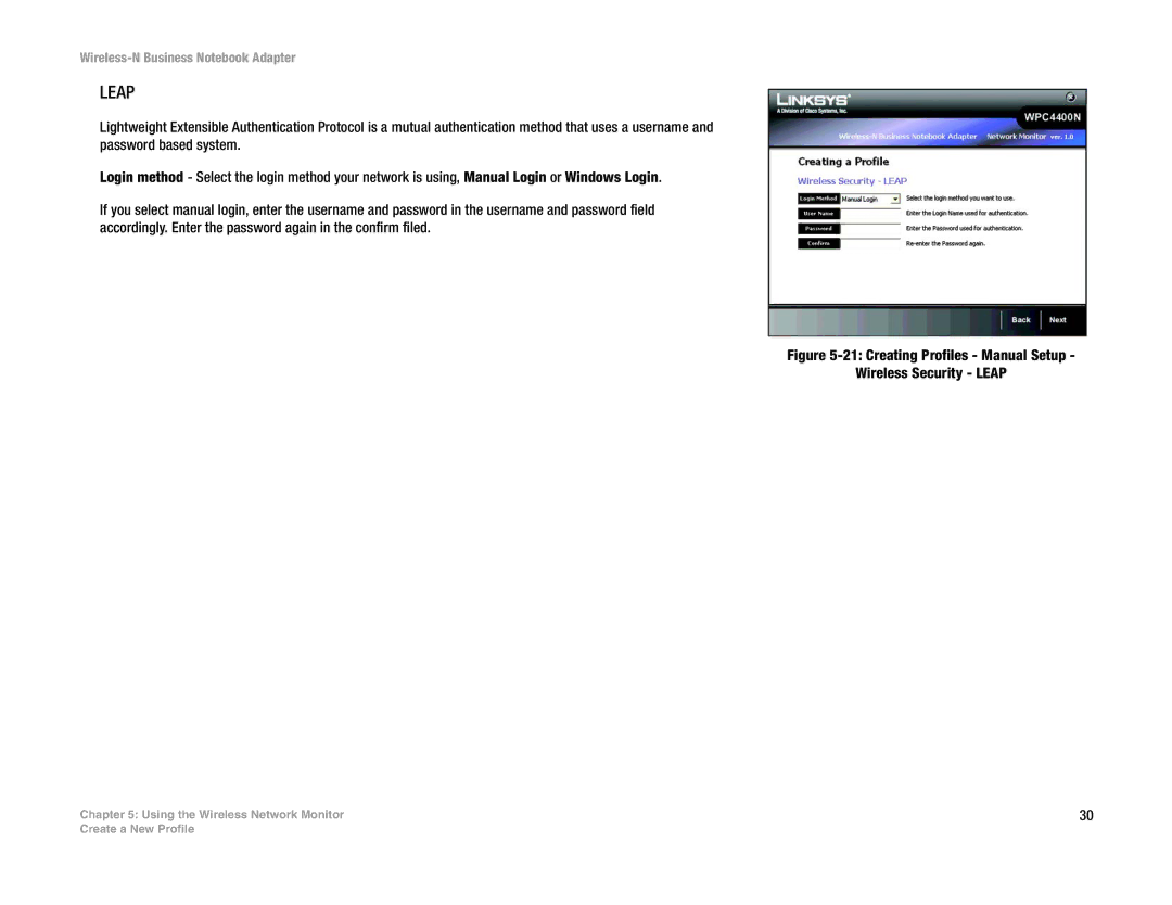 Linksys WPC4400N manual Creating Profiles Manual Setup Wireless Security Leap 