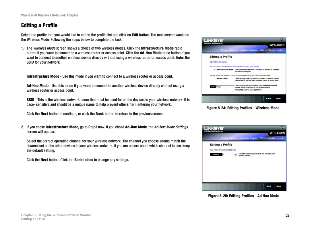 Linksys WPC4400N manual Editing a Profile, Editing Profiles Ad Hoc Mode 
