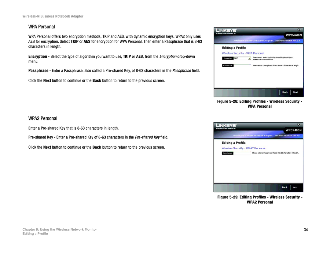 Linksys WPC4400N manual Editing Profiles Wireless Security WPA Personal 