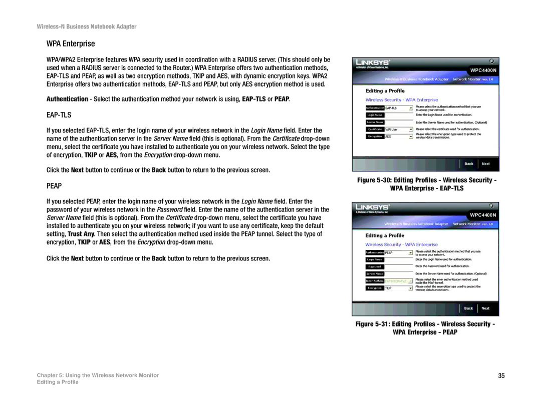 Linksys WPC4400N manual Editing Profiles Wireless Security WPA Enterprise EAP-TLS 