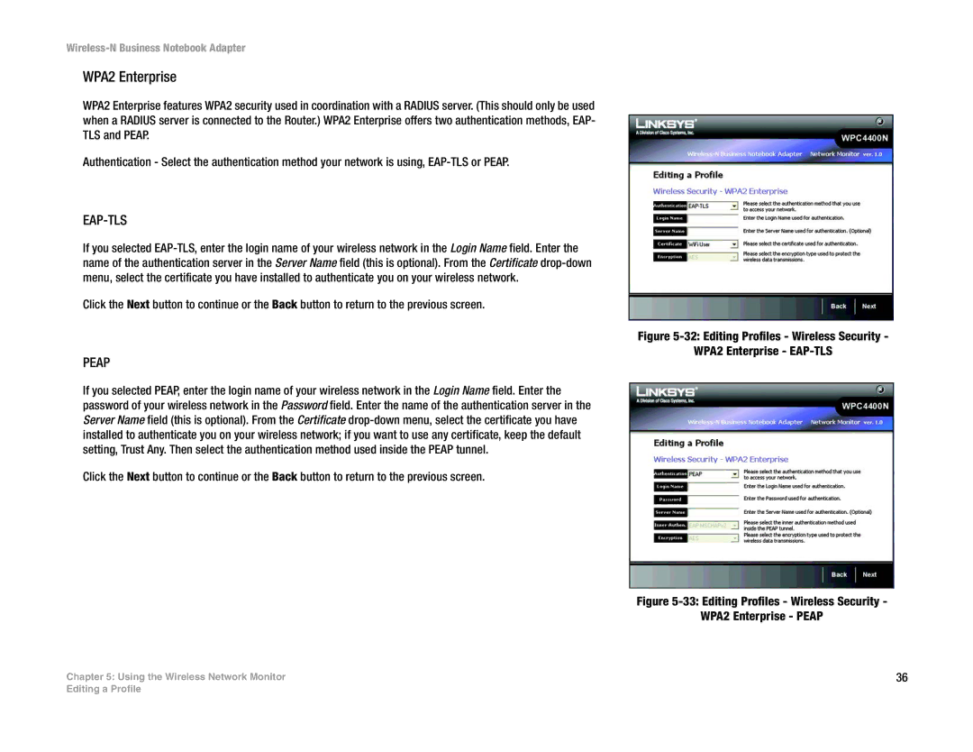 Linksys WPC4400N manual Editing Profiles Wireless Security WPA2 Enterprise Peap 