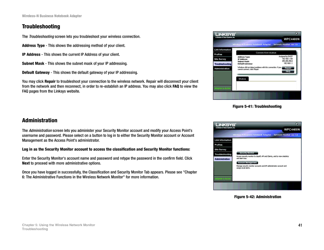 Linksys WPC4400N manual Troubleshooting, Administration 