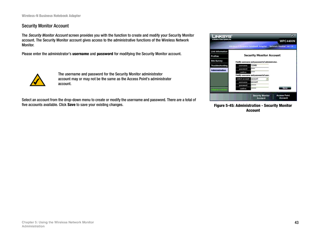 Linksys WPC4400N manual Administration Security Monitor Account 