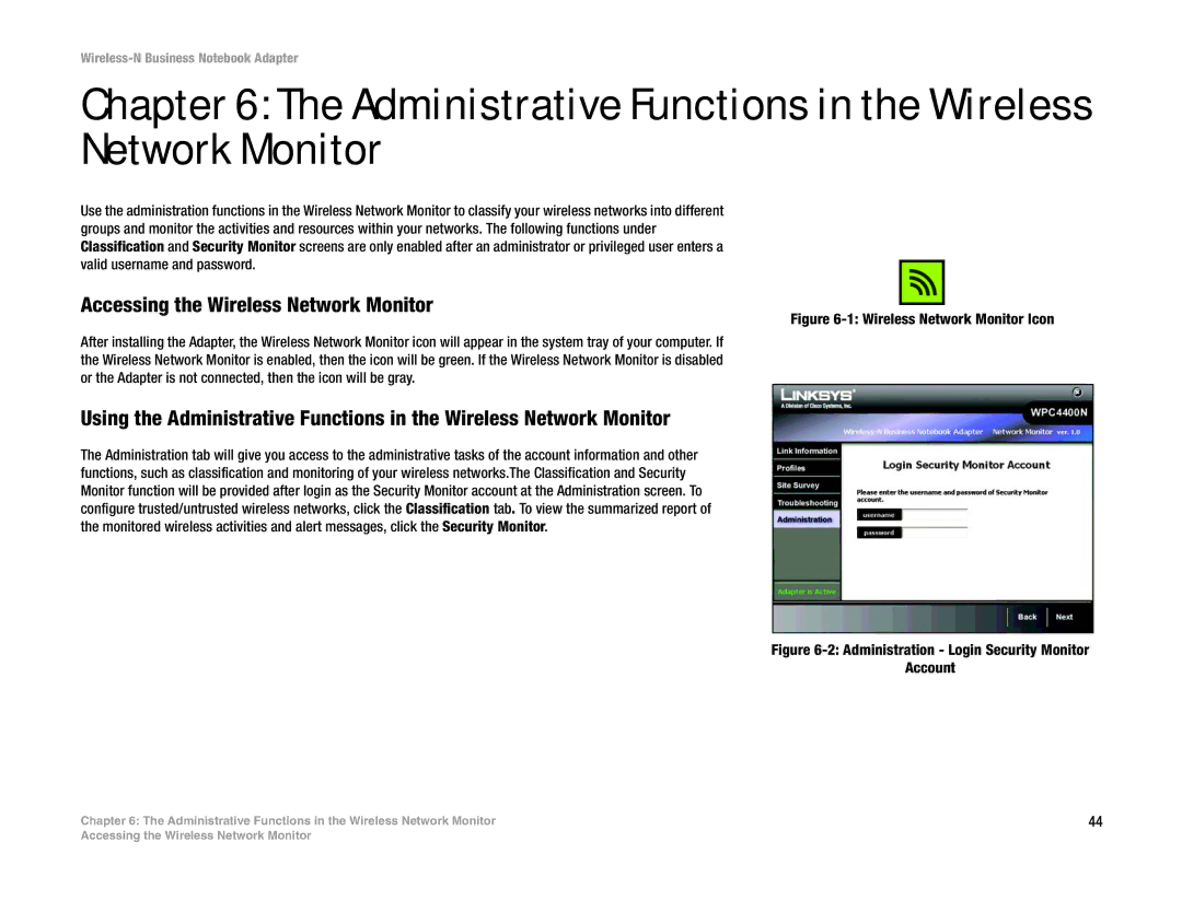 Linksys WPC4400N Administrative Functions in the Wireless Network Monitor, Administration Login Security Monitor Account 