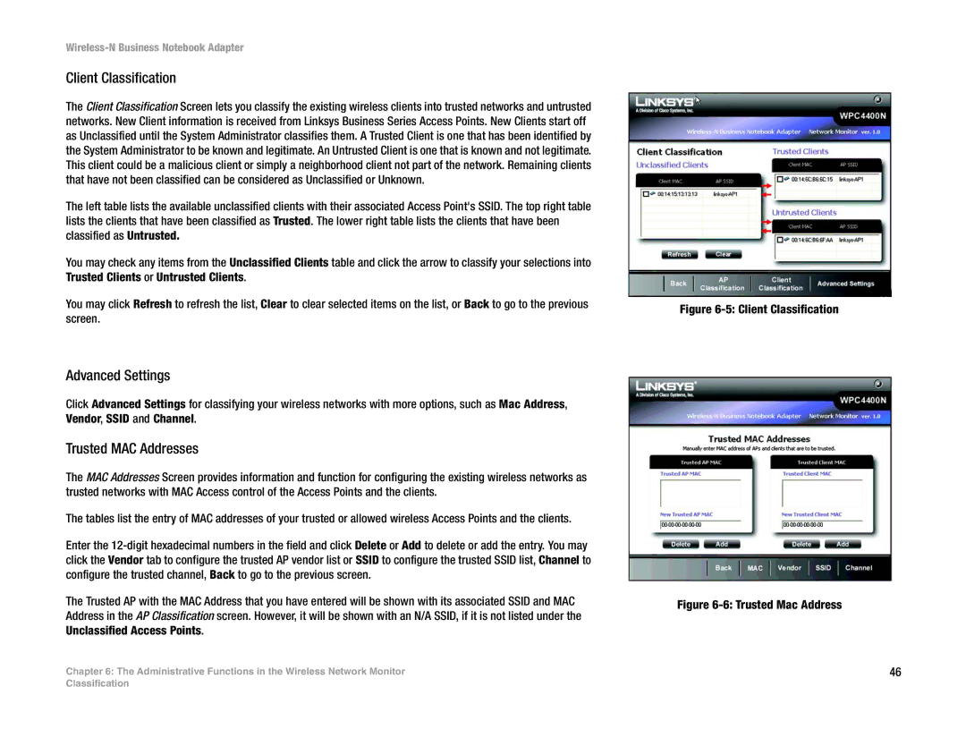 Linksys WPC4400N manual Advanced Settings, Trusted MAC Addresses 