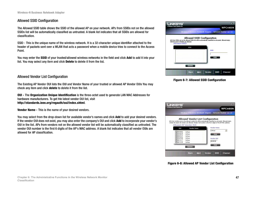 Linksys WPC4400N manual Allowed Vendor List Configuration, Allowed Ssid Configuration 