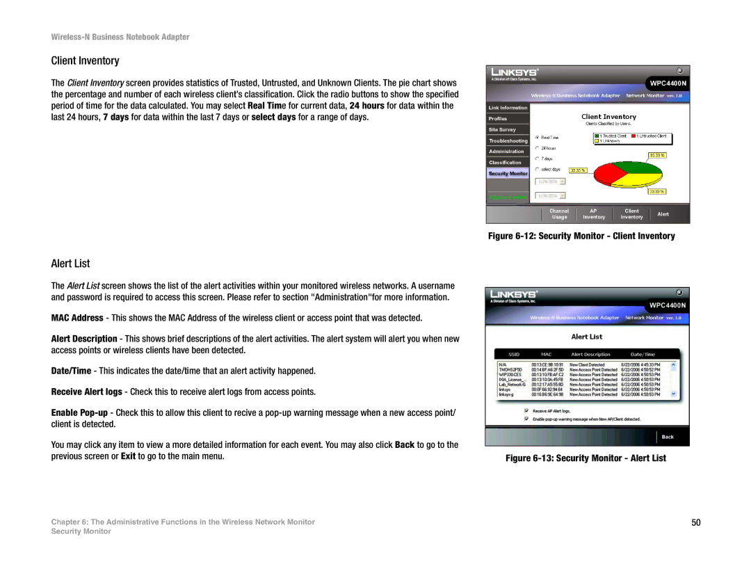 Linksys WPC4400N manual Client Inventory, Alert List 