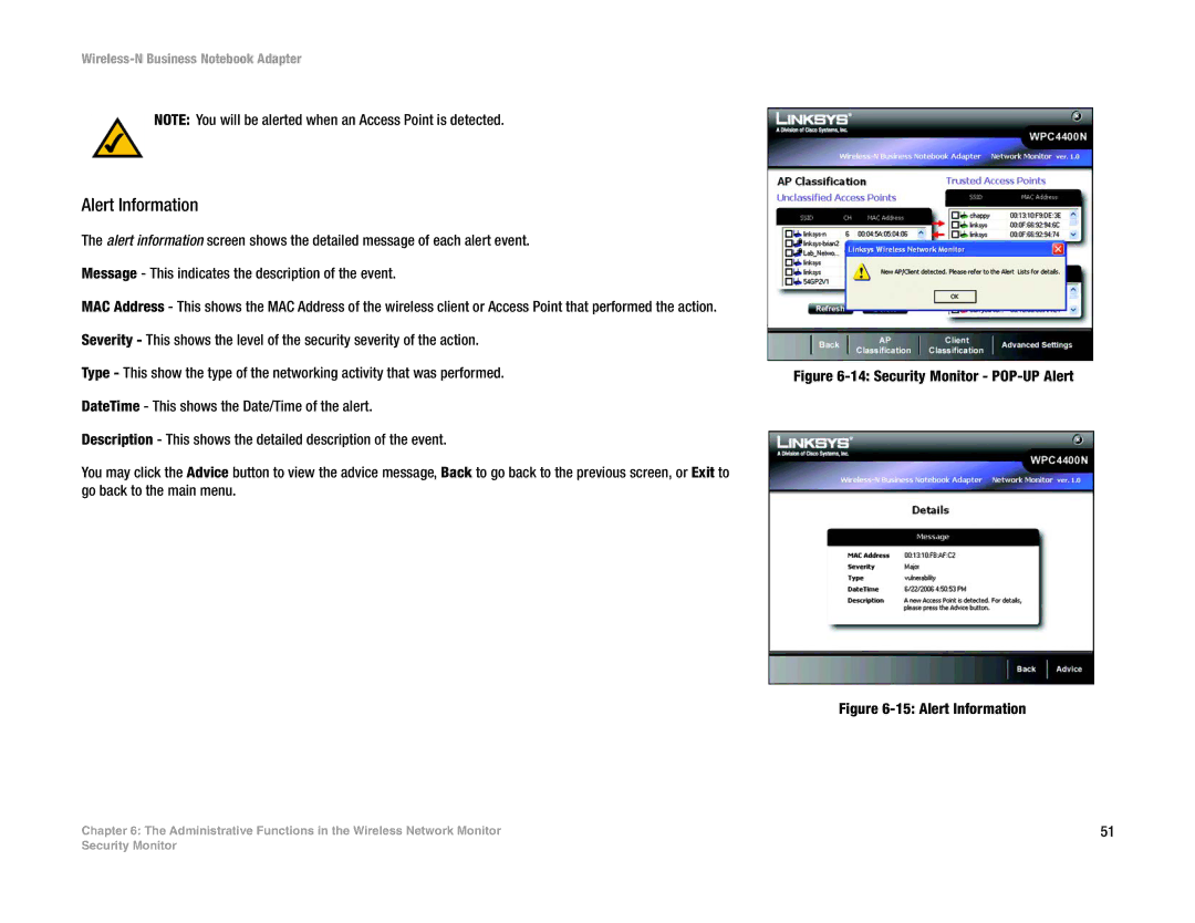 Linksys WPC4400N manual Alert Information, Security Monitor POP-UP Alert 