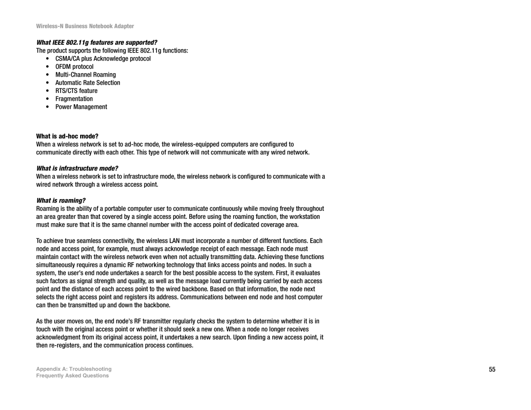 Linksys WPC4400N manual What Ieee 802.11g features are supported? 