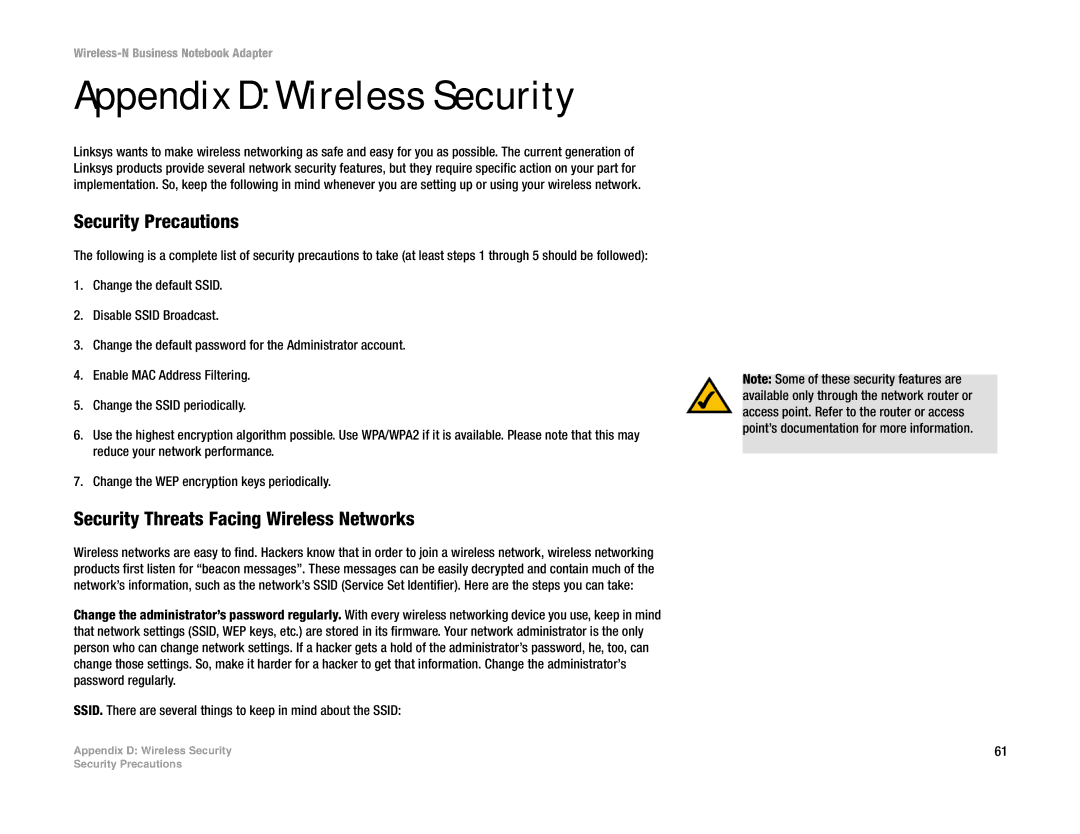 Linksys WPC4400N manual Appendix D Wireless Security, Security Precautions, Security Threats Facing Wireless Networks 