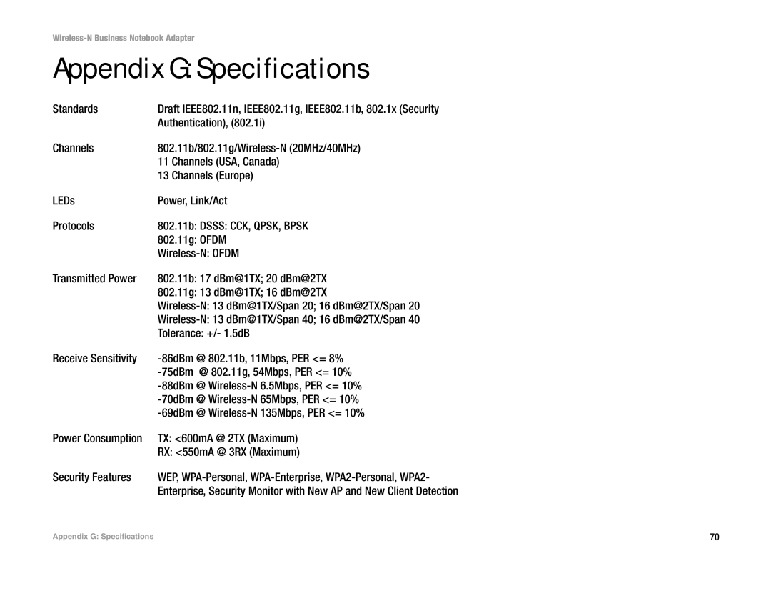 Linksys WPC4400N manual Appendix G Specifications, Standards, Authentication, Tolerance +/- 1.5dB 