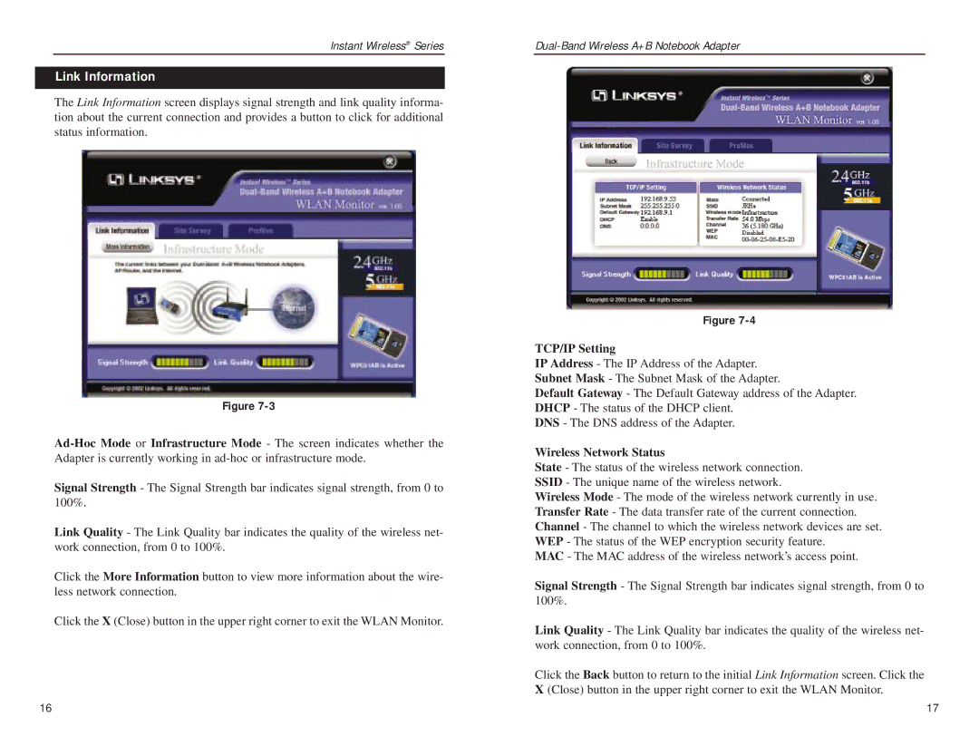 Linksys WPC51AB manual Link Information, TCP/IP Setting 