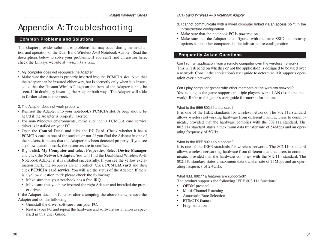 Linksys WPC51AB manual Appendix a Troubleshooting, Common Problems and Solutions, Frequently Asked Questions 