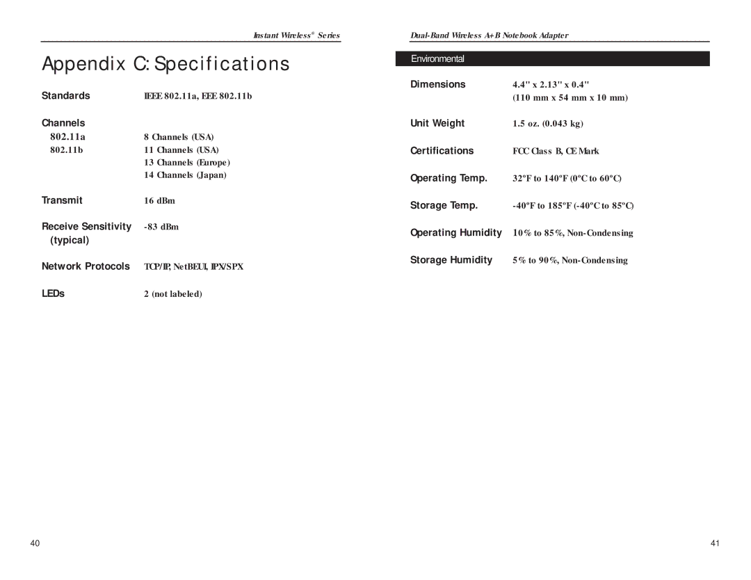 Linksys WPC51AB manual Appendix C Specifications, Environmental 