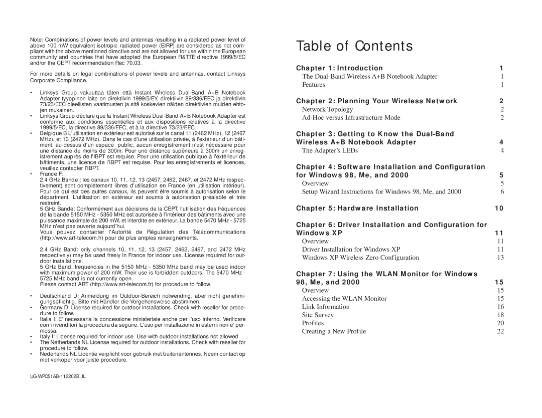 Linksys WPC51AB manual Table of Contents 