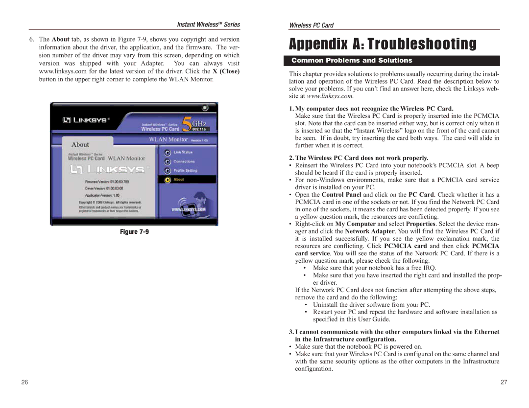 Linksys WPC54A manual Appendix a Troubleshooting, Common Problems and Solutions 