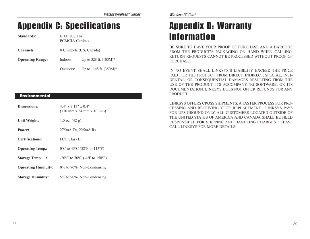 Linksys WPC54A manual Appendix C Specifications, Appendix D Warranty Information, Environmental 