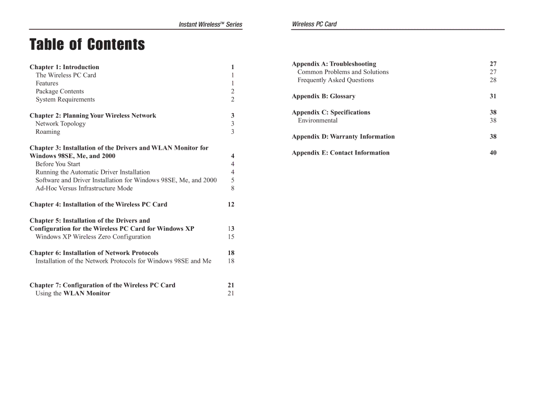 Linksys WPC54A manual Table of Contents 