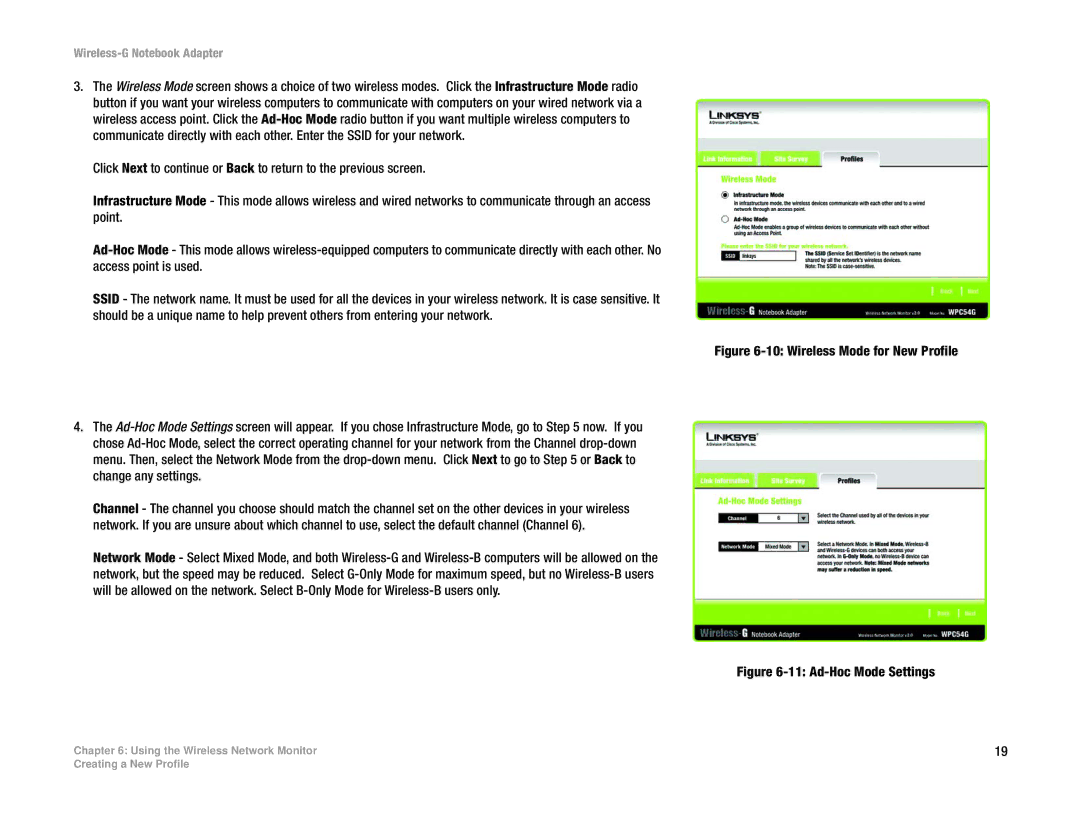 Linksys WPC54G manual Ad-Hoc Mode Settings 