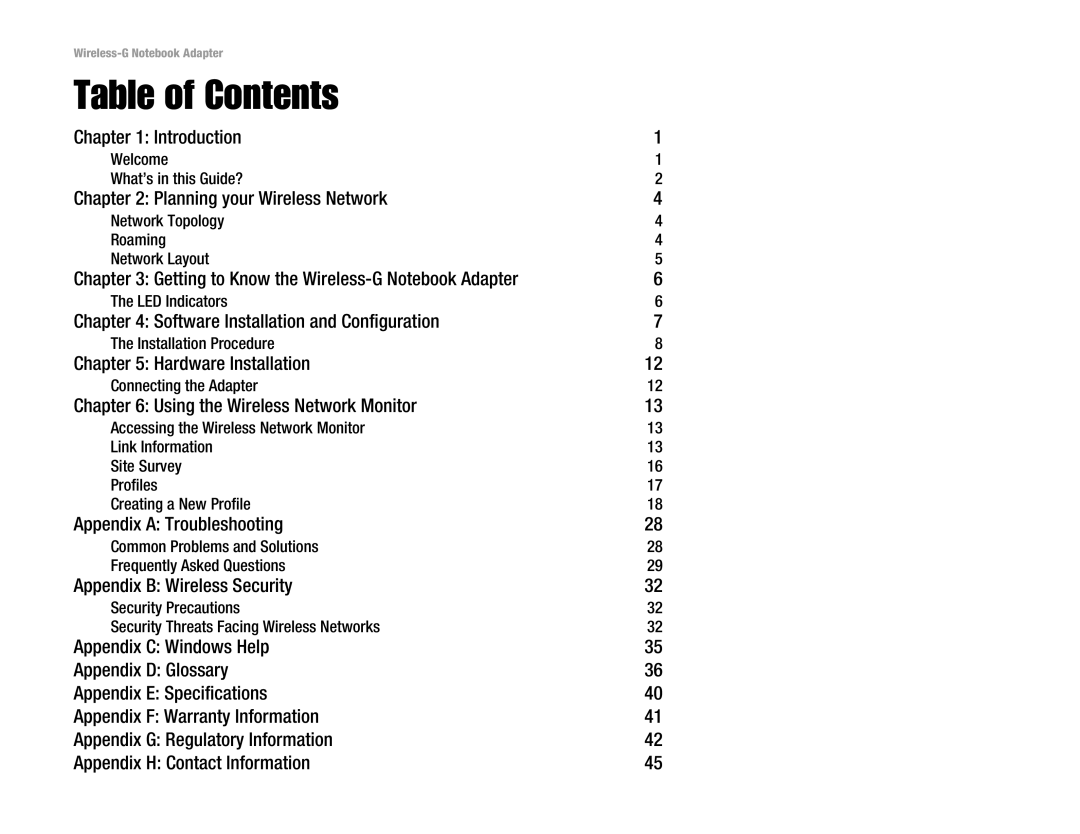 Linksys WPC54G manual Table of Contents 