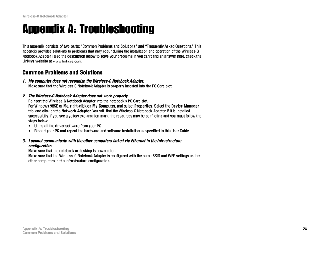 Linksys WPC54G manual Appendix a Troubleshooting, Common Problems and Solutions 