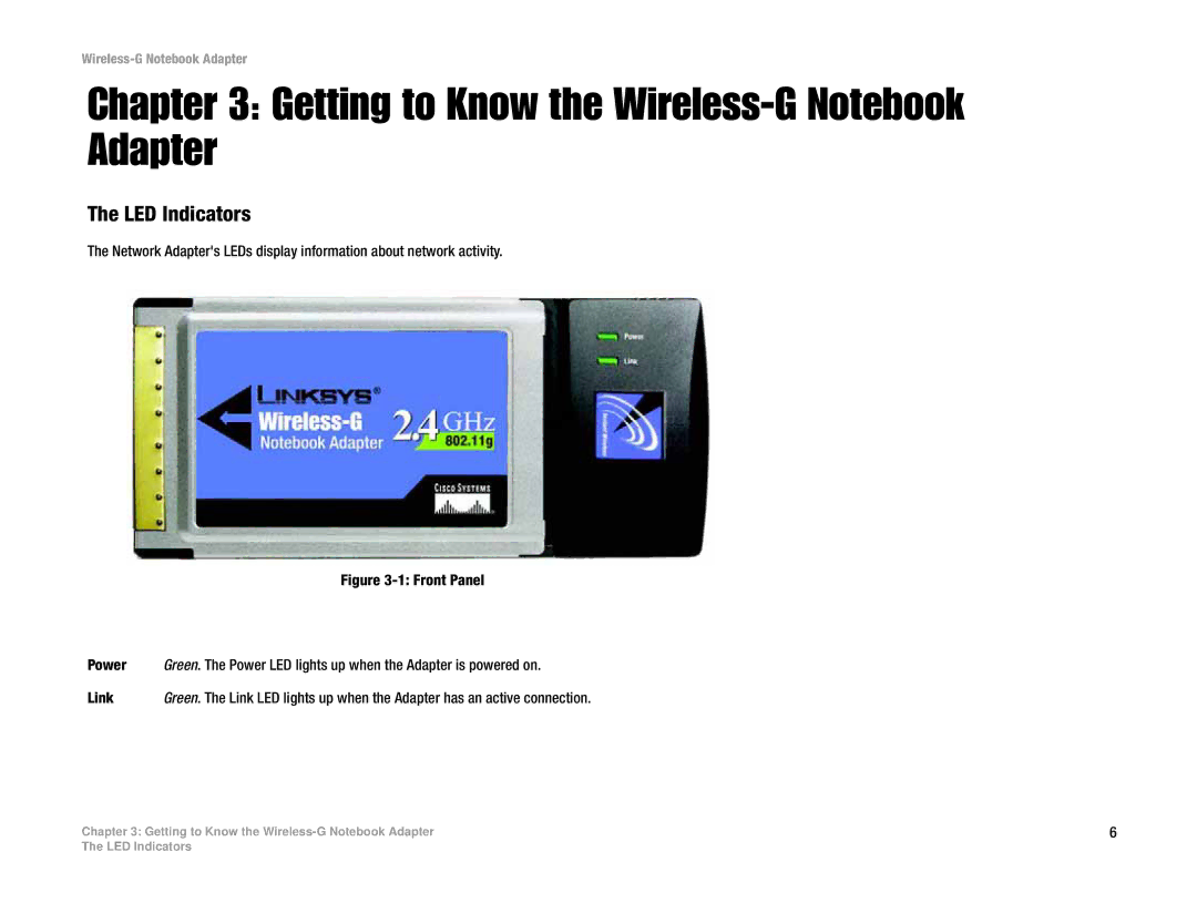 Linksys WPC54G manual Getting to Know the Wireless-G Notebook Adapter, LED Indicators, Power, Link 