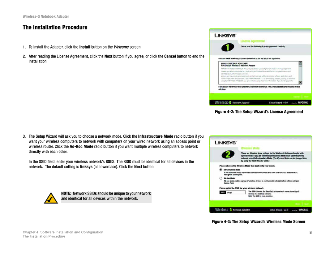 Linksys WPC54G manual Installation Procedure, Setup Wizard’s Wireless Mode Screen 