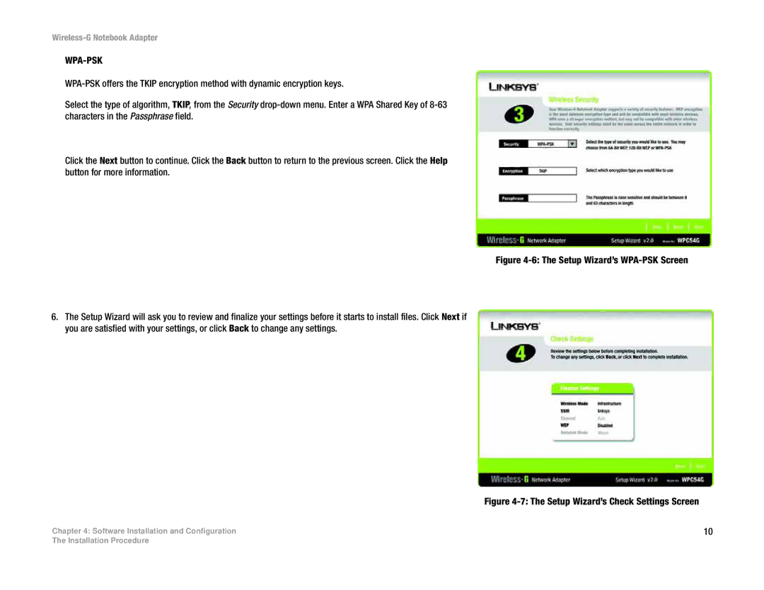 Linksys WPC54G manual Wpa-Psk, Setup Wizard’s Check Settings Screen 