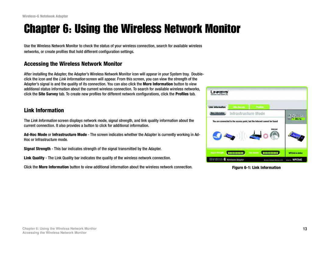 Linksys WPC54G manual Using the Wireless Network Monitor, Accessing the Wireless Network Monitor, Link Information 