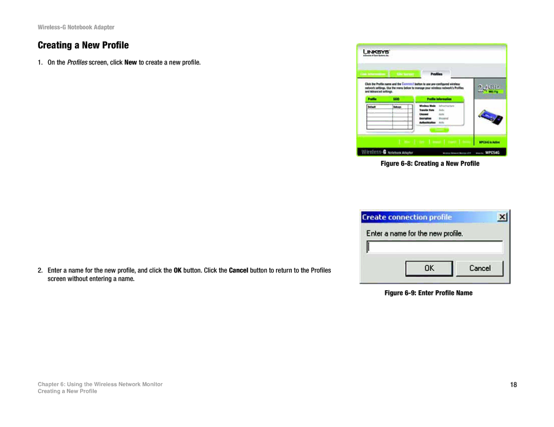 Linksys WPC54G manual Creating a New Profile, On the Profiles screen, click New to create a new profile 