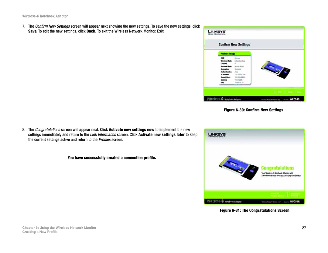 Linksys WPC54G manual Confirm New Settings 