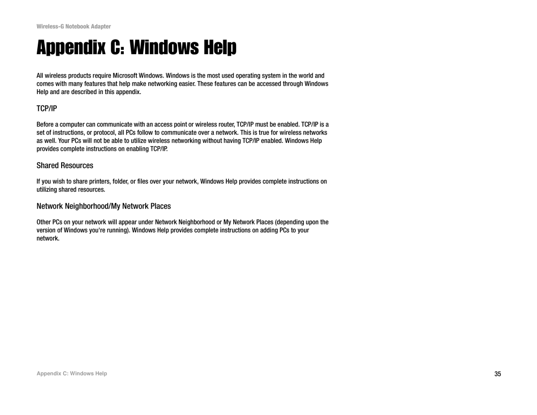 Linksys WPC54G manual Appendix C Windows Help, Tcp/Ip 