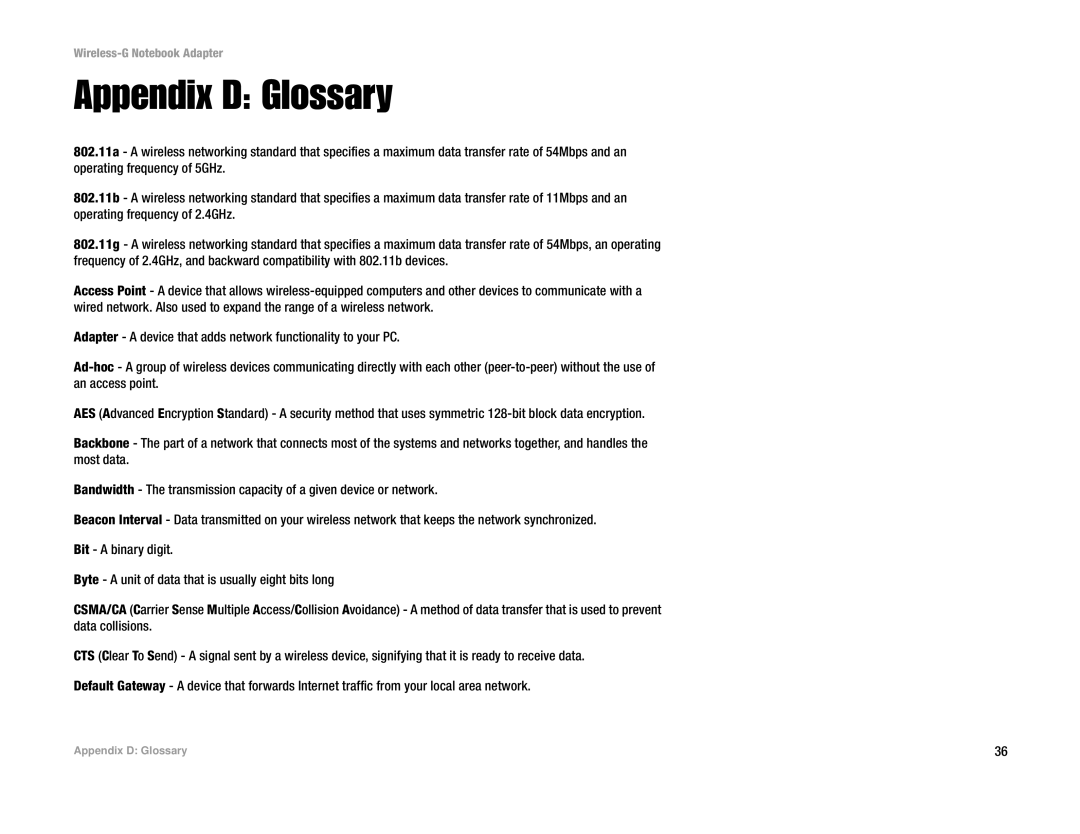 Linksys WPC54G manual Appendix D Glossary 