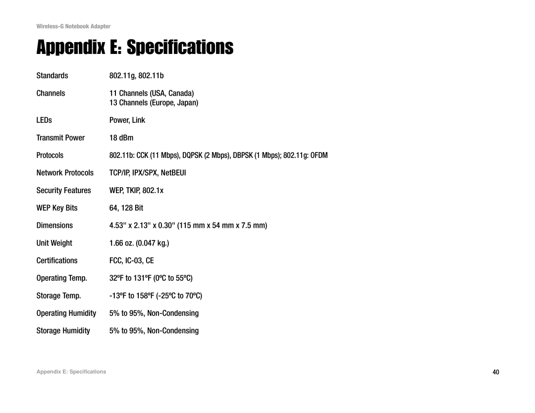 Linksys WPC54G manual Appendix E Specifications 