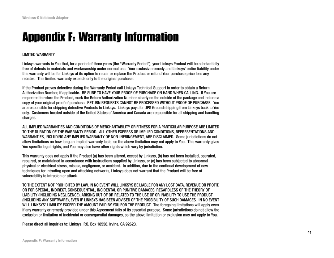 Linksys WPC54G manual Appendix F Warranty Information, Limited Warranty 