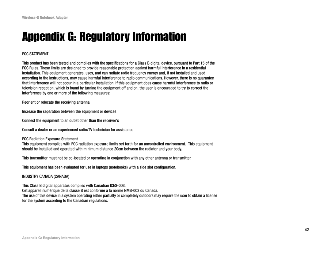 Linksys WPC54G manual Appendix G Regulatory Information, FCC Statement, Industry Canada Canada 