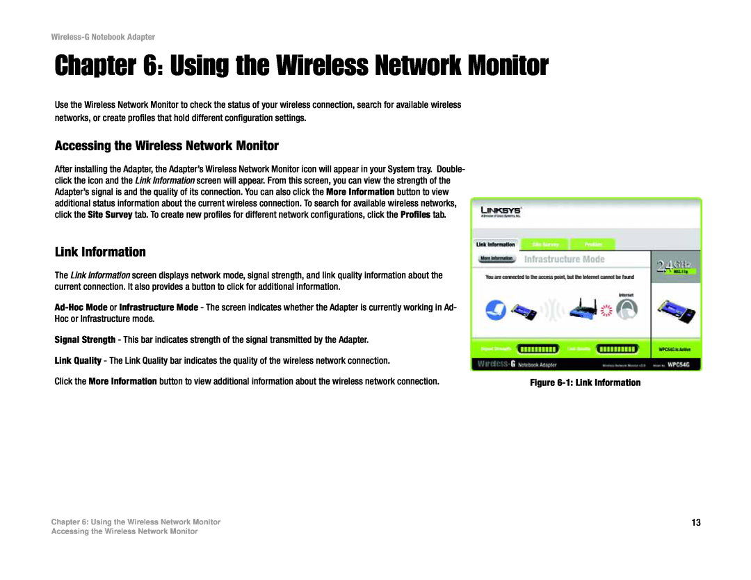 Linksys WPC54G manual Using the Wireless Network Monitor, Accessing the Wireless Network Monitor, Link Information 