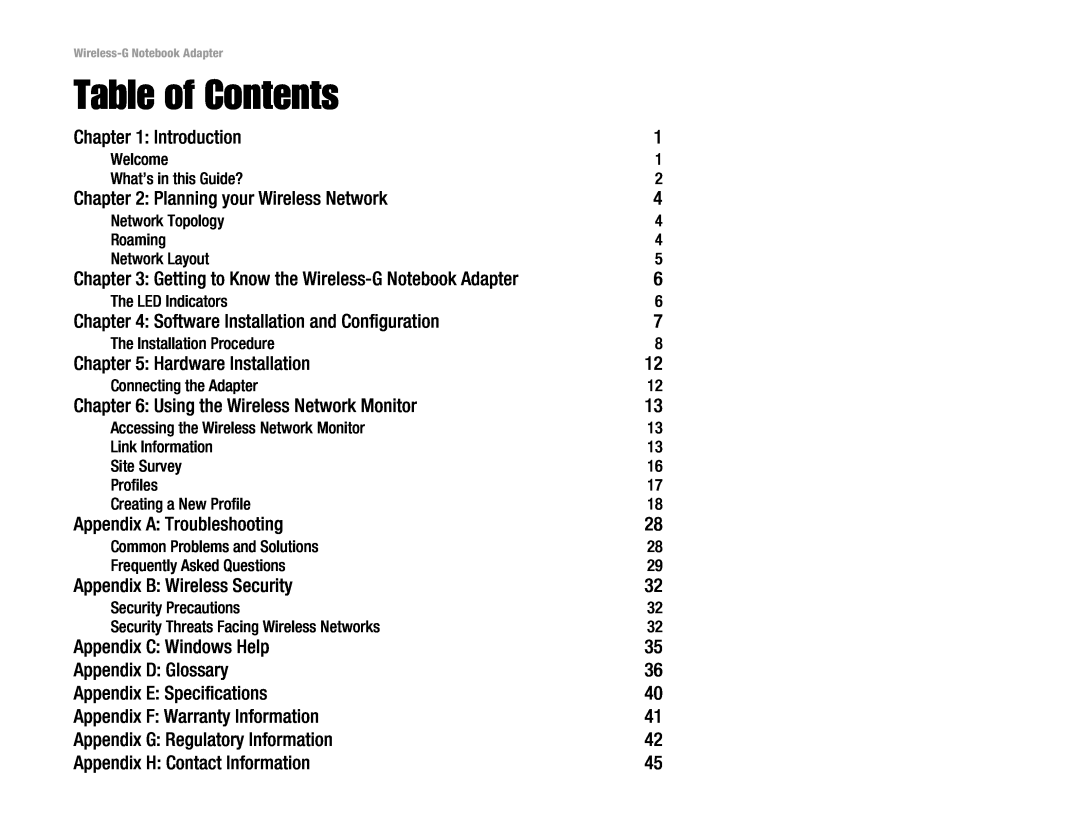 Linksys WPC54G manual Table of Contents 