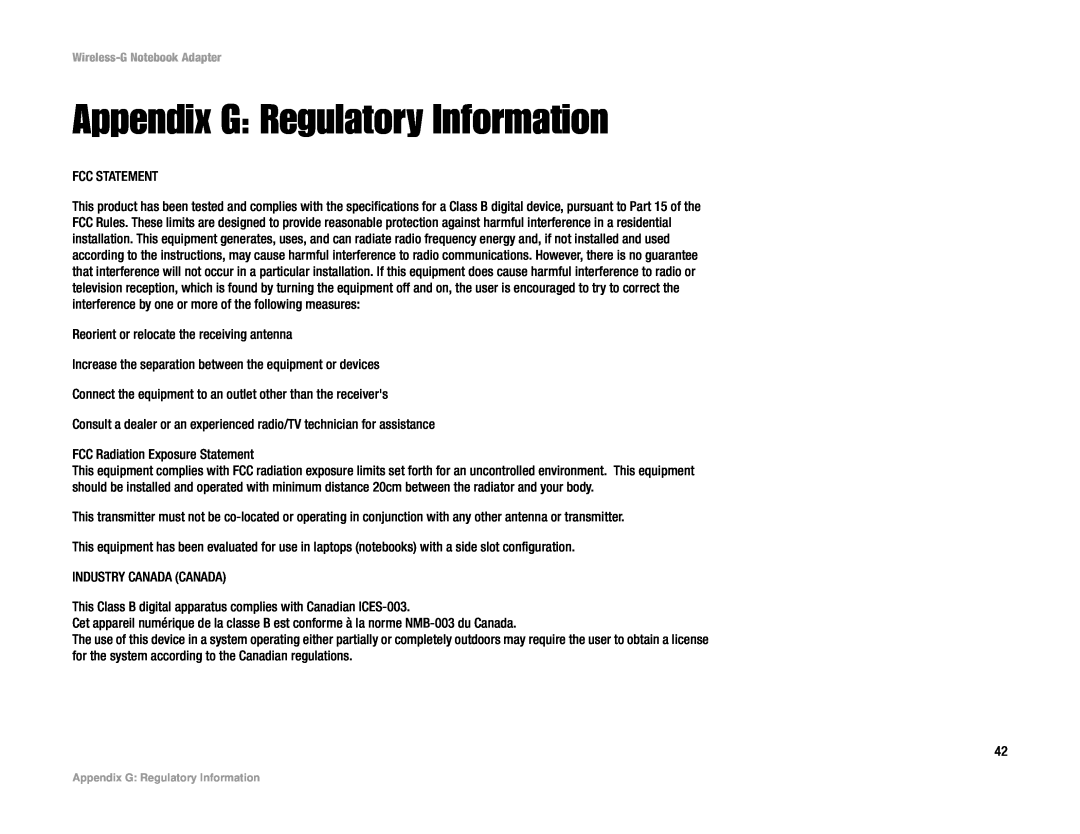 Linksys WPC54G manual Appendix G Regulatory Information 