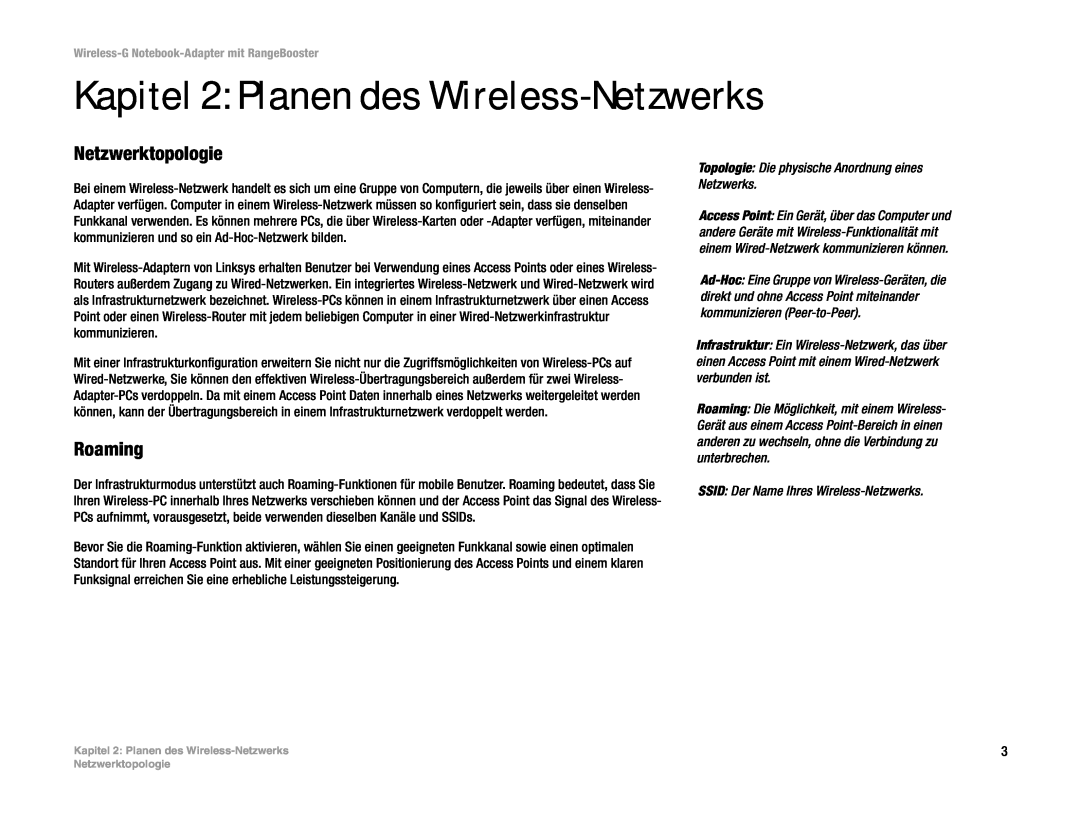 Linksys WPC54GR (DE) manual Kapitel 2 Planen des Wireless-Netzwerks, Netzwerktopologie, Roaming 
