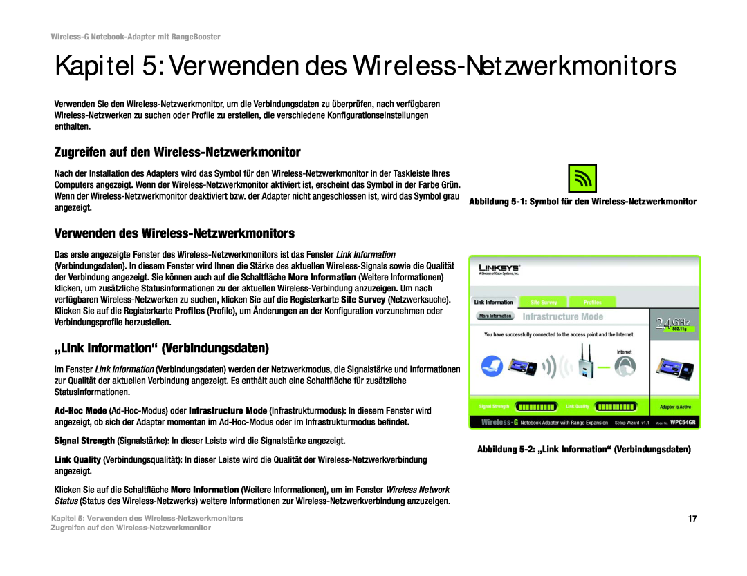 Linksys WPC54GR (DE) manual Kapitel 5 Verwenden des Wireless-Netzwerkmonitors, Zugreifen auf den Wireless-Netzwerkmonitor 