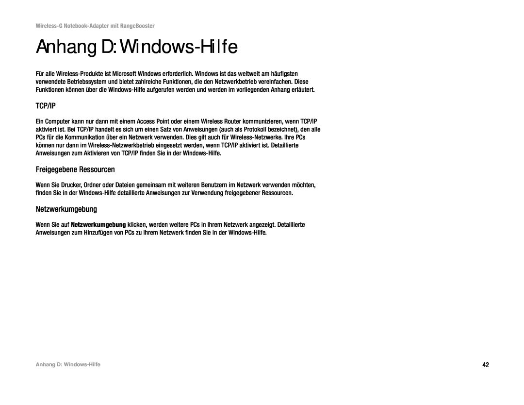 Linksys WPC54GR (DE) manual Anhang D Windows-Hilfe, Tcp/Ip, Freigegebene Ressourcen, Netzwerkumgebung 