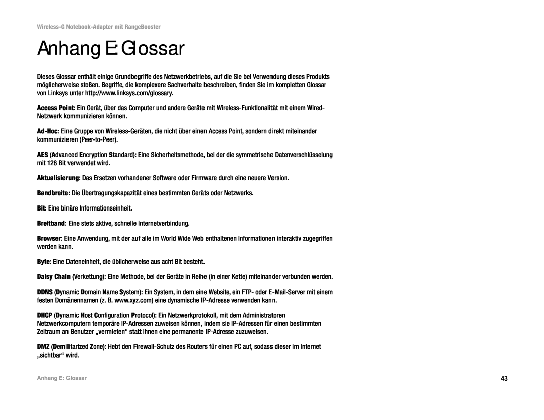 Linksys WPC54GR (DE) manual Anhang E Glossar 
