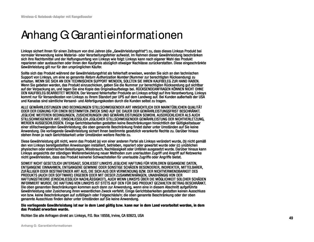Linksys WPC54GR (DE) manual Anhang G Garantieinformationen 