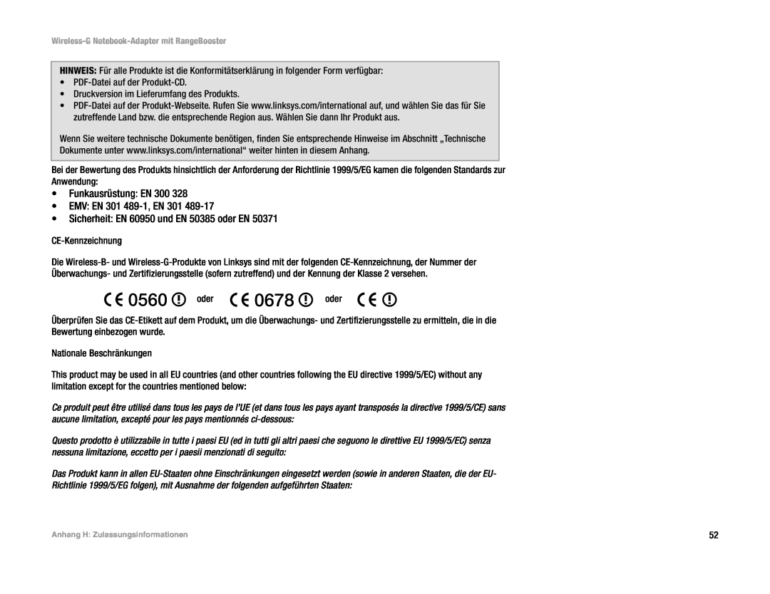 Linksys WPC54GR (DE) manual Funkausrüstung EN 300 EMV EN 301 489-1, EN 301, Sicherheit EN 60950 und EN 50385 oder EN 