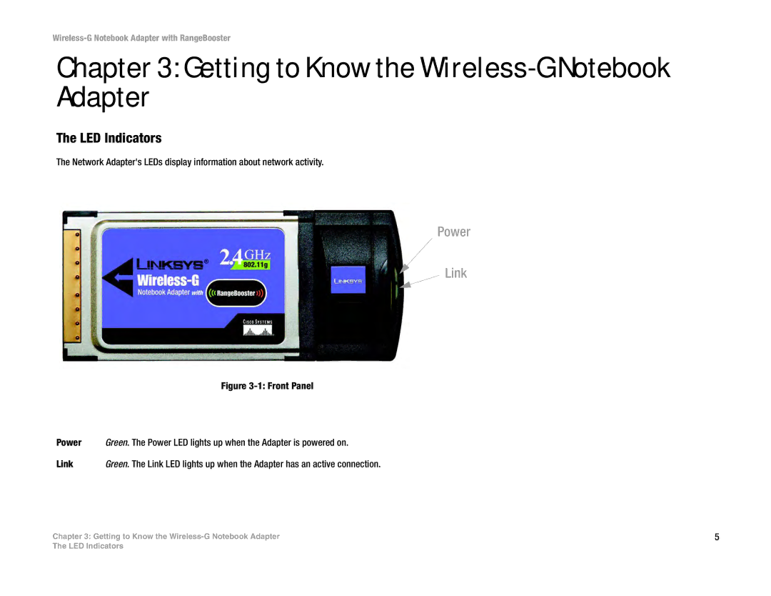 Linksys WPC54GR manual Getting to Know the Wireless-G Notebook Adapter, LED Indicators, Power, Link 