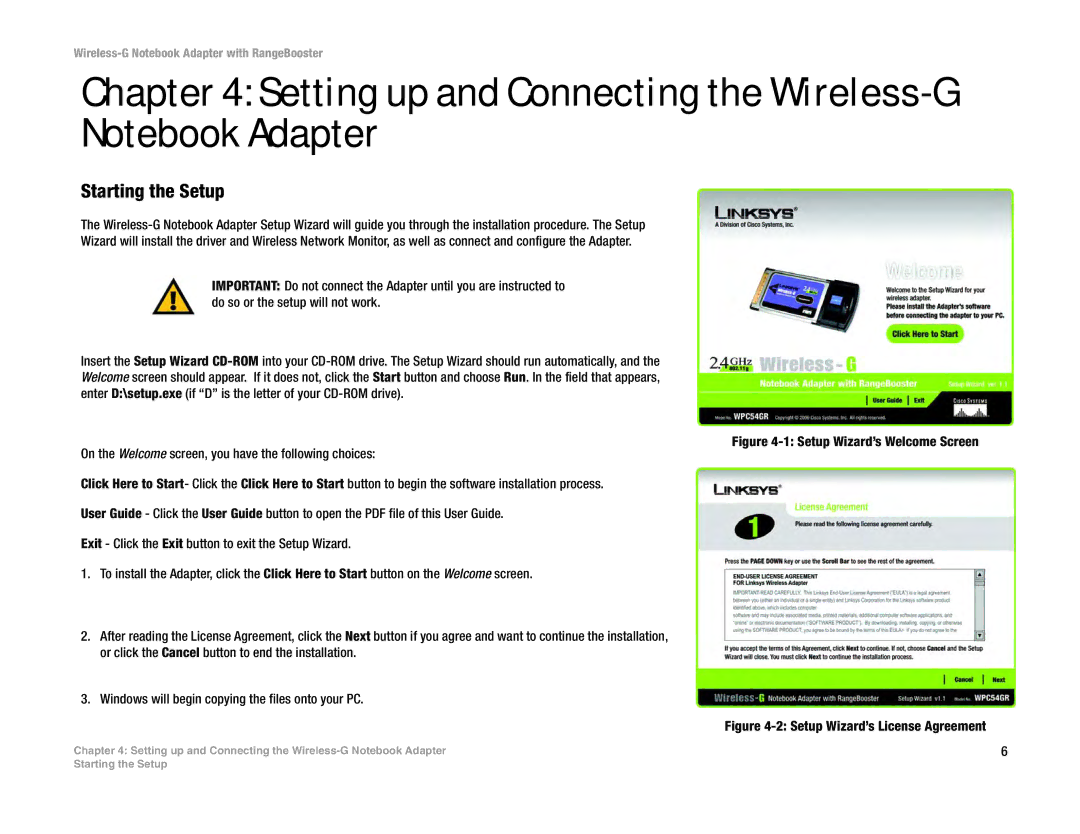 Linksys WPC54GR manual Setting up and Connecting the Wireless-G Notebook Adapter, Starting the Setup 