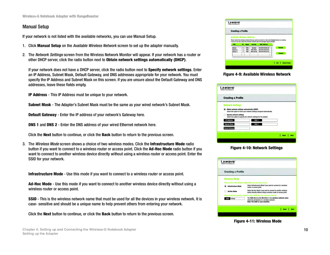 Linksys WPC54GR manual Manual Setup, Network Settings 