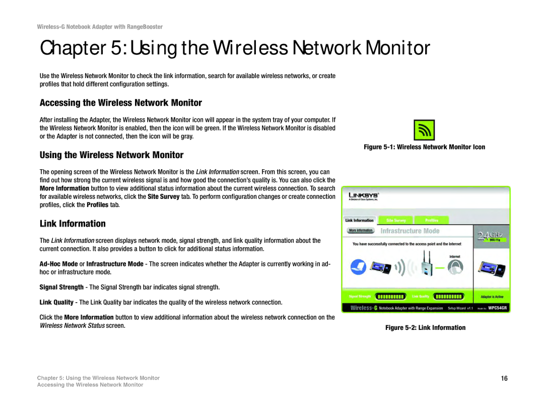 Linksys WPC54GR manual Using the Wireless Network Monitor, Accessing the Wireless Network Monitor, Link Information 