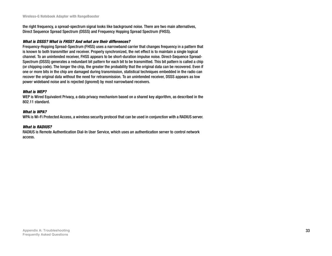 Linksys WPC54GR What is DSSS? What is FHSS? And what are their differences?, What is WEP?, What is WPA?, What is RADIUS? 